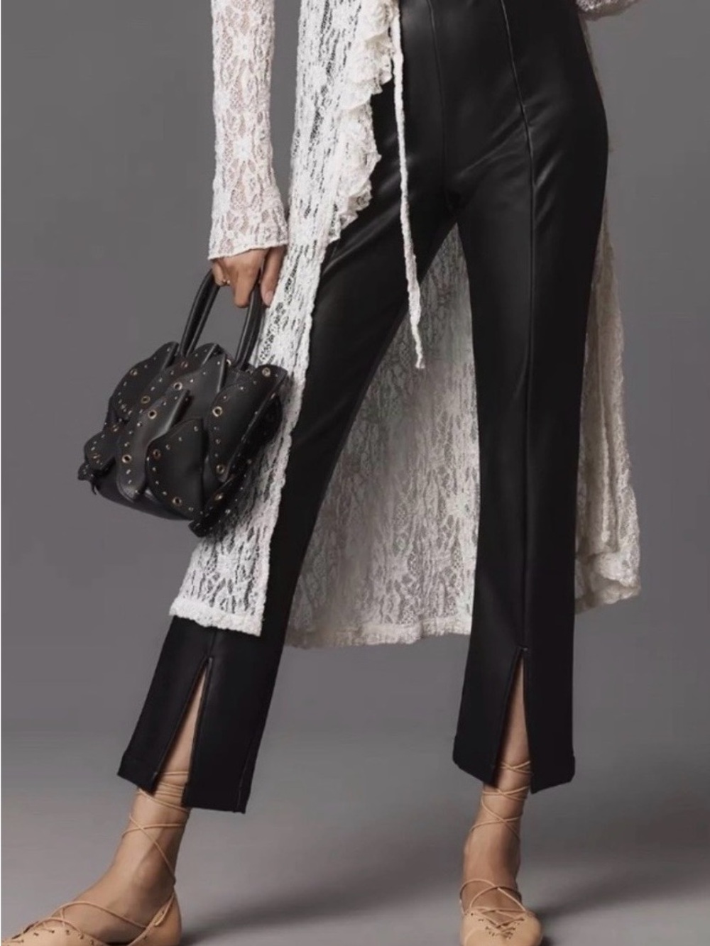 Anthropologie Black Faux Leather Cropped Ankle Split Pants